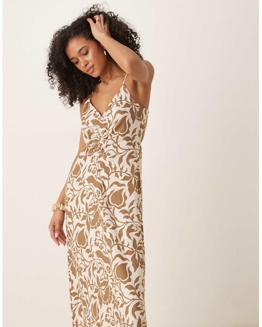 Y.A.S Natural – midikleid mit em blumenmuster und gerafftem detail