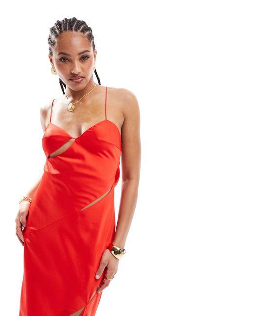 ASOS Red Cowl Neck Satin Midi Dress With Cut Outs And Buckle Detail