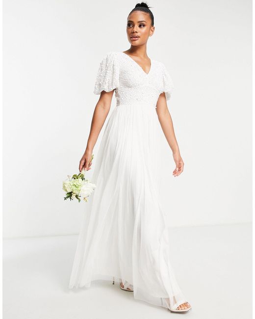 Beauut White Bridal Emellished Bodice Maxi Dress With Flutter Sleeve And Tulle Skirt