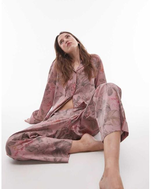 Pantalones De Pijama De Pernera Ancha Con Estampado Botánico De Satén De (Parte De Un Conjunto) Mango de color Red