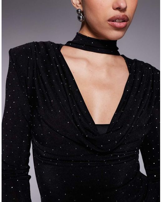Ruched & Ready Blue Removable Shoulder Pad Detail Choker Cowl Neck Sculpting Hotfix Mini Dress