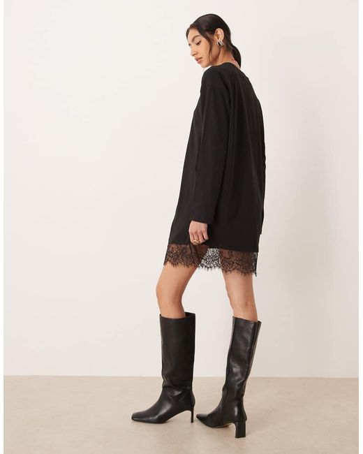 ASOS Black Long Sleeved T-shirt Dress With Lace Trim