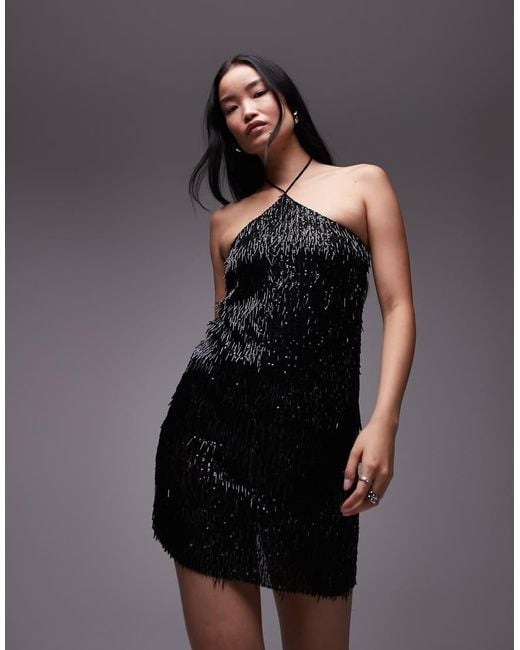 TOPSHOP Black Needle Sequin Halter Mini Dress