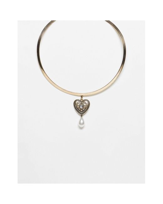 Collier jonc unisexe avec pendentif cœur et pendant perle Reclaimed (vintage) en coloris White