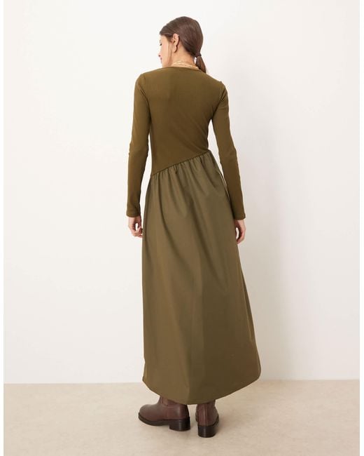 Threadbare Green Long Sleeve Midi Dress With Poplin Skirt