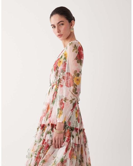 LACE & BEADS Pink Tulle Sheer Balloon Sleeve Tiered Midaxi Dress
