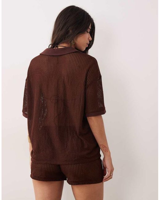 Kaiia Brown Exclusive Crochet Collar Detail Oversized Polo Top Co-ord
