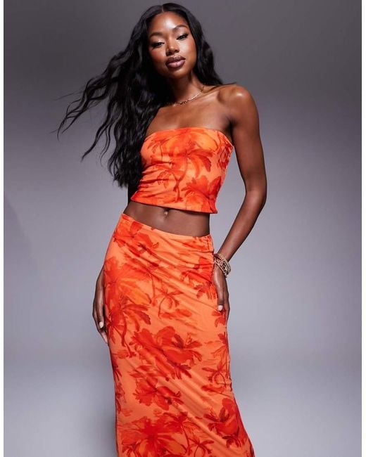 Princess Polly Red Mesh Bandeau Top And Low Rise Midi Skirt Full Set