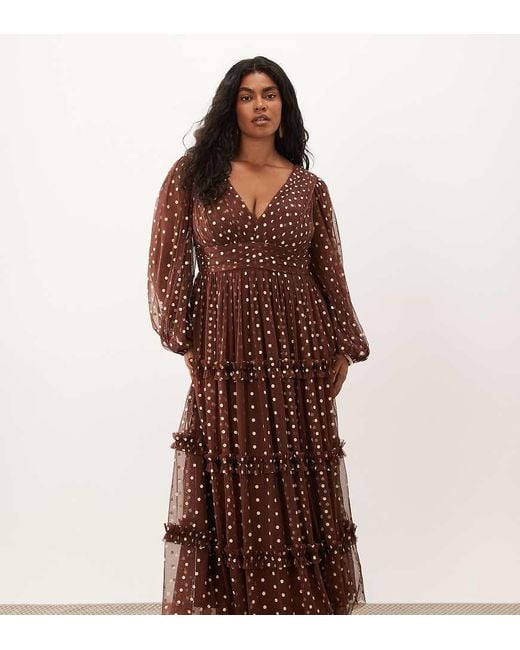 Lace & Beads Plus Brown Tulle Sheer Balloon Sleeve Plunge Neck Tiered Maxi Dress