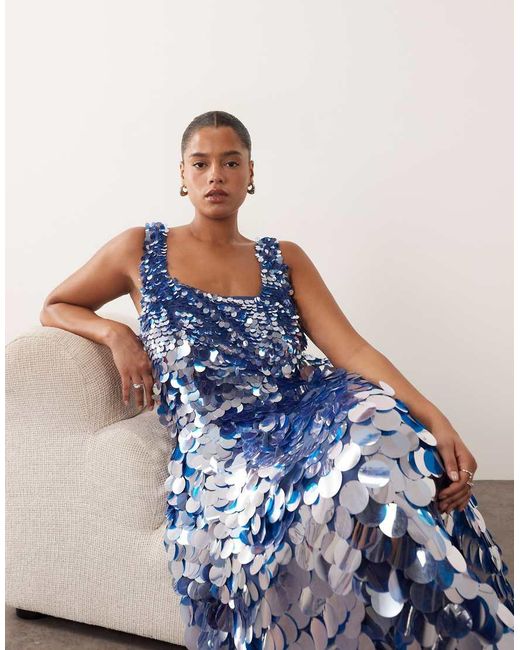 ARRANGE Blue Curve Embellished Disc Sequin Square Neck Full Skirt Midi Dress