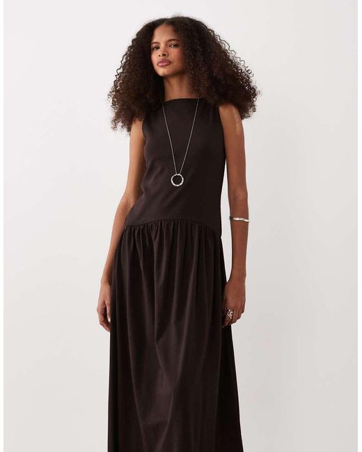 ASOS Brown Rib Mix Midi Dress With Drop Waist