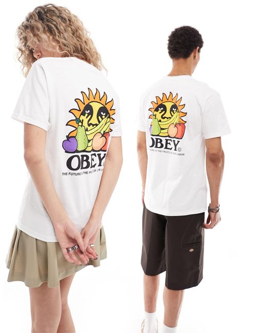 T-shirt unisex bianca con grafica con sole e frutta sul retro di Obey in White