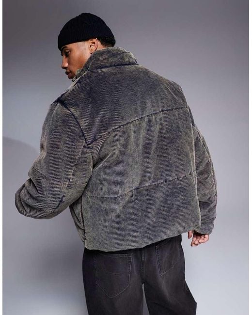 ASOS Gray Acid Washed Cord Puffer Jacket for men