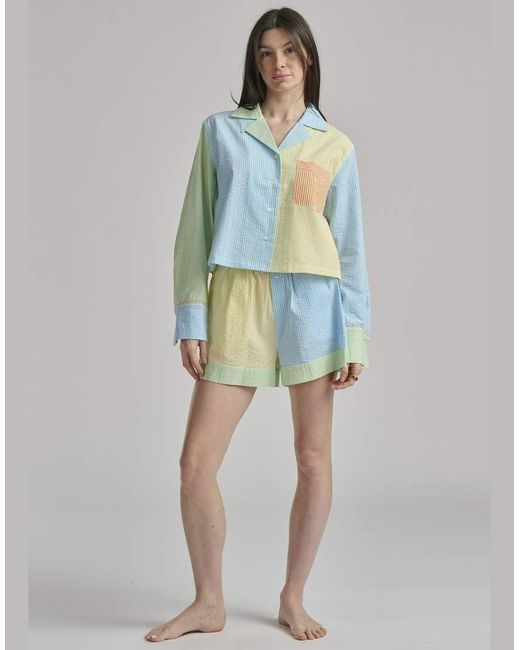 Polo Ralph Lauren Blue Seersucker Long Sleeve Crop Top And Short Sleep Set