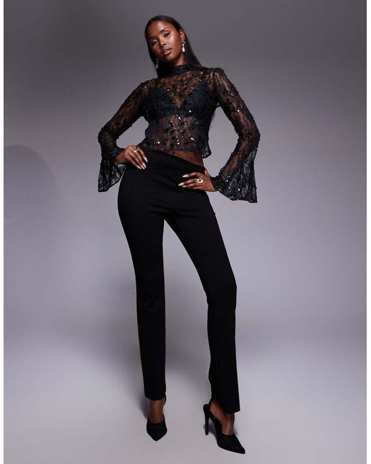 ASOS Black Delicate Lace Scatter Sequin Flare Sleeve Top With Cutout Back Detail