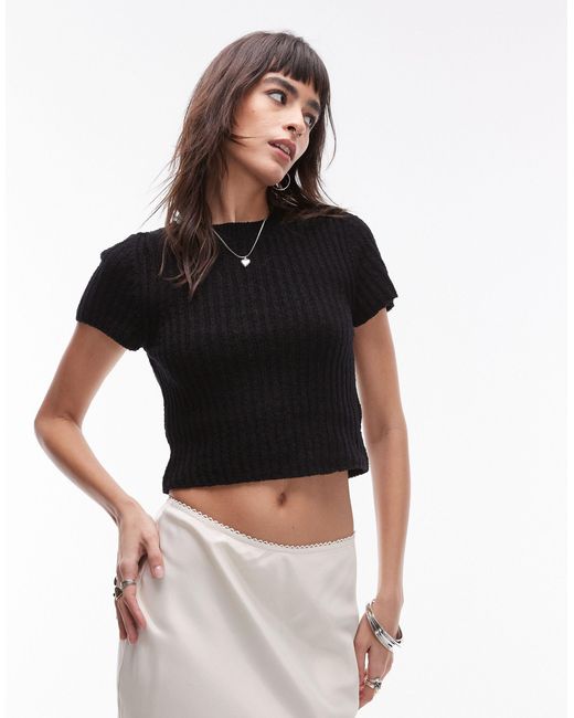 TOPSHOP Black Knitted Textured Tee
