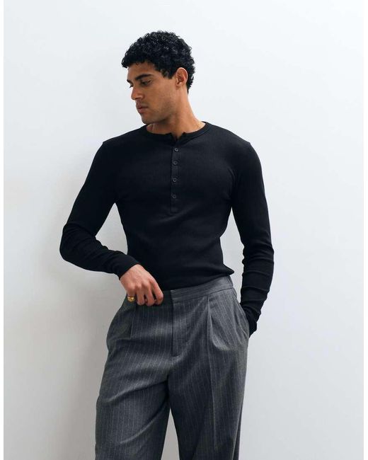 ASOS Blue Muscle Fit Long Sleeve T-shirt With Woven Henley for men