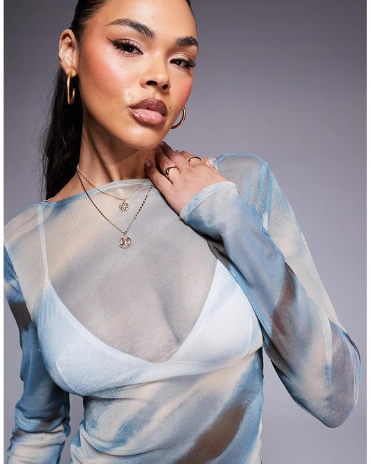 ASOS Gray – figurbetontes, langärmliges netzstoff-oberteil