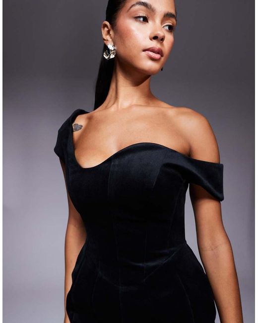 ASOS Black Wired Neckline Off The Shoulder Velvet Mini Dress With Tulip Hips