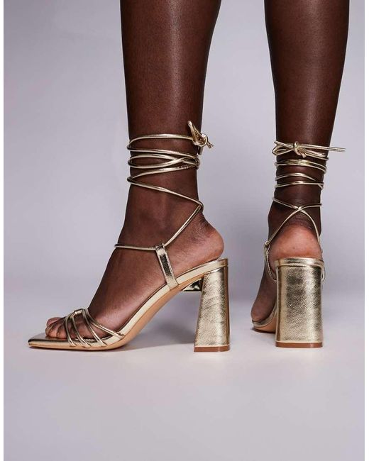 Public Desire Brown Bergamot Tie Leg Block Heeled Sandals