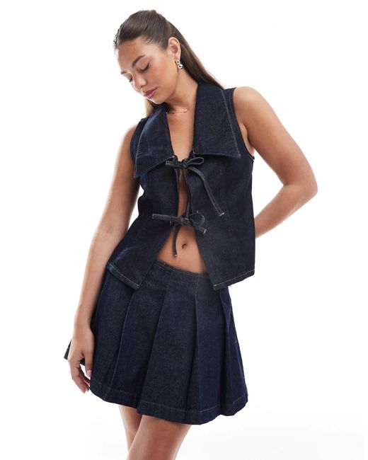 ASOS Pleated Denim Mini Micro Skirt in Blue | Lyst