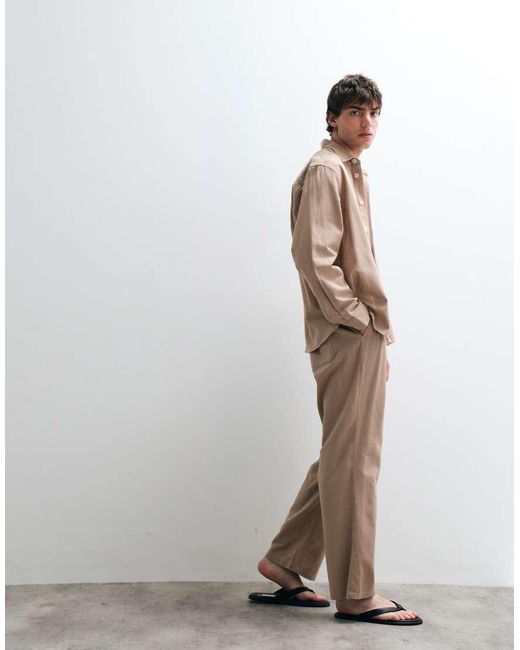 ASOS COLLECTIVE Natural Oversized Long Sleeve Cotton Shirt With Linen for men
