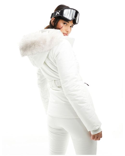 ASOS 4505 White Ski Belted Jacket With Faux Fur Hood
