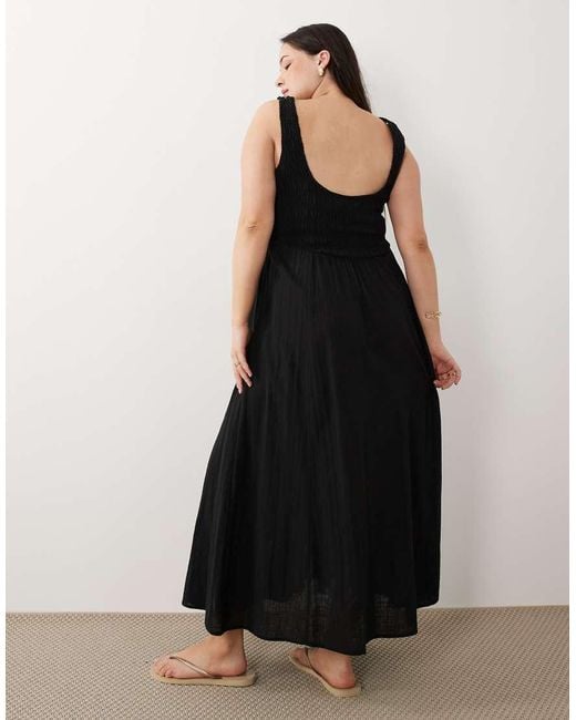 ASOS Black Asos Design Curve Selina Beach Textured Cotton Shirred Maxi Sundress
