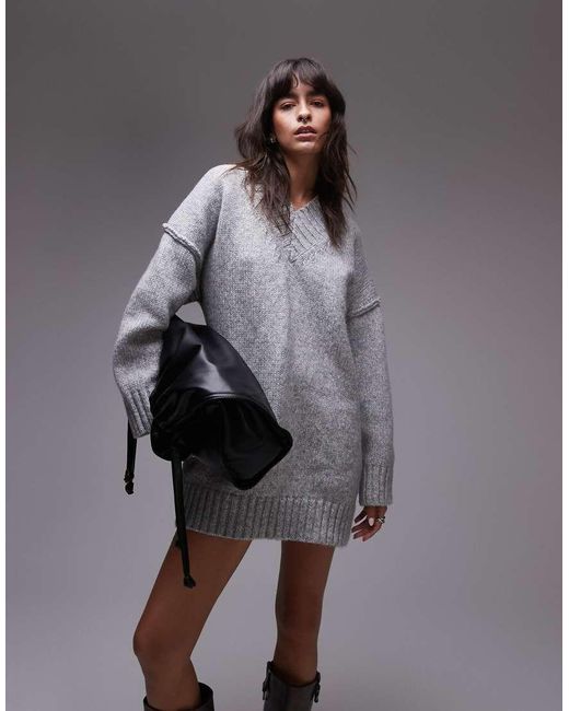 TOPSHOP Gray Knit High V-neck Mini Oversized Dress