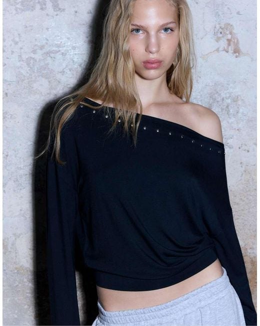 Stradivarius Blue Asymmetric Studded T-shirt
