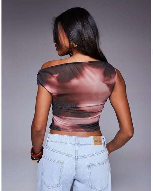 ASOS Multicolor Gathered Short Sleeve Off Shoulder Mesh Top
