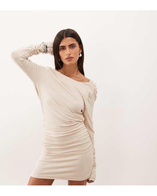 SNDY'S Natural Drape Cowl Back Ruched Waist Mini Dress