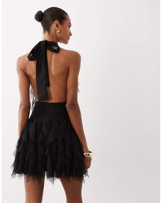 LACE & BEADS Black Tulle Halter Ruffle Detail Tiered Mini Dress