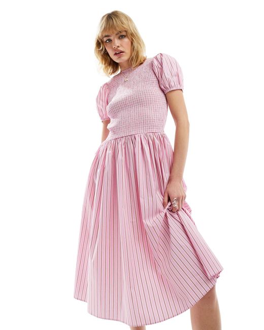 Glamorous Pink Drop Waist Shirred Midi Dress