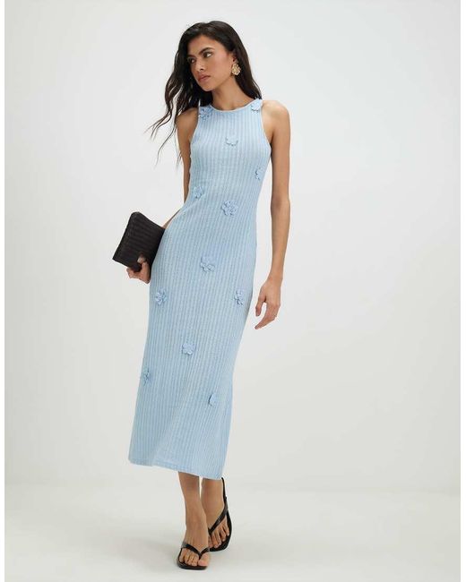 River Island Blue Sleeveless 3D Flower Trim Midi Dress