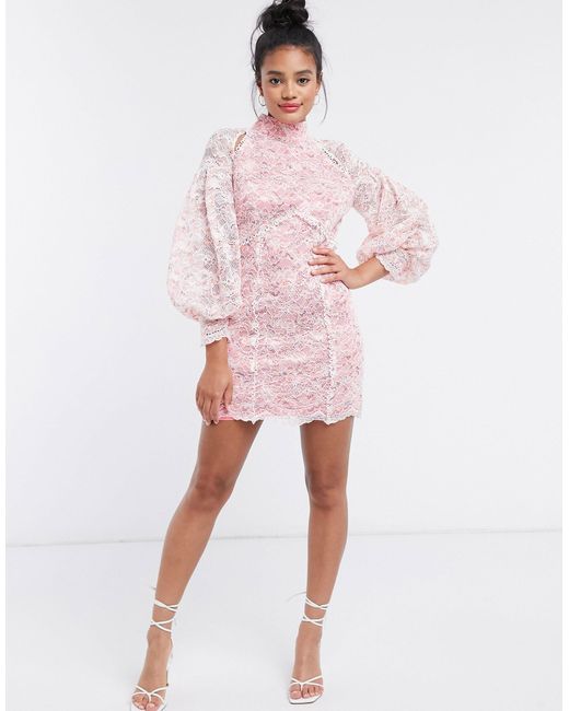 River Island Pink Lace Volume Sleeve Mini Dress