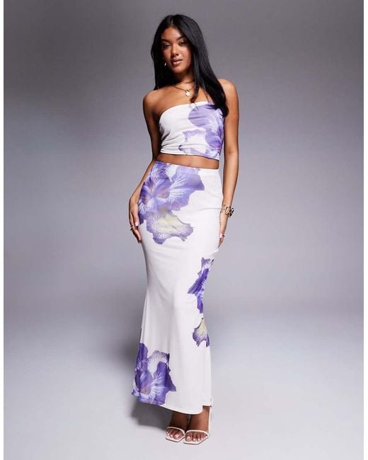 Kaiia Purple Exclusive Double Layered Slinky Mesh Floral Bandeau Crop Top Co-ord