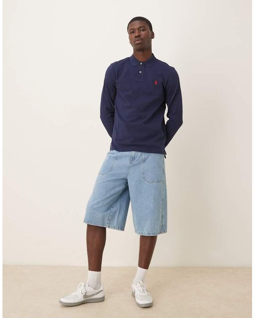 Polo Ralph Lauren Blue Icon Logo Long Sleeved Custom Slim Fit Polo for men
