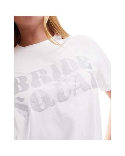 Pieces White 'bride Squad' Silver Glitter Front Slogan T-shirt