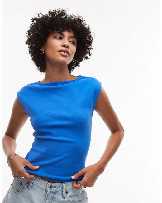 TOPSHOP Blue Jersey Slash Neck Top