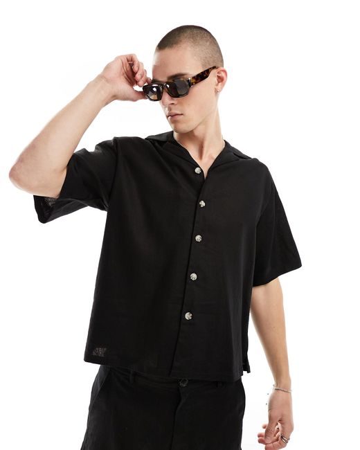 ADPT Black Oversized Linen Mix Revere Collar Shirt for men