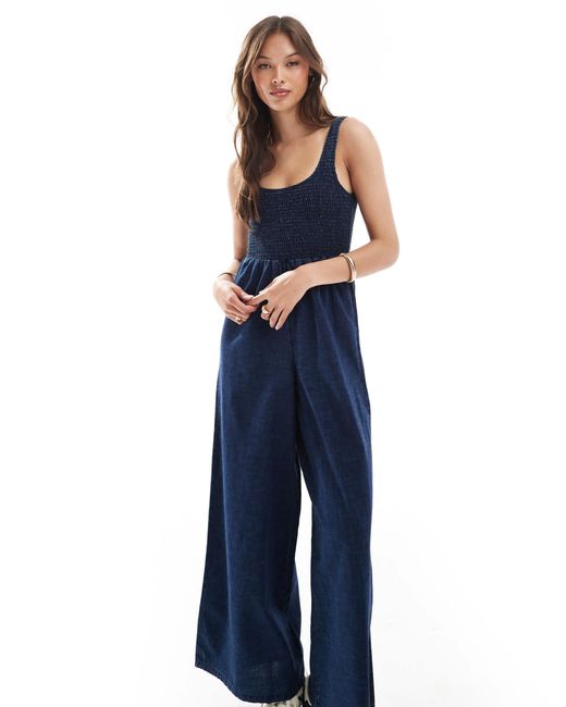 ASOS Blue Soft Denim Wide Leg Jumpsuit With Shirred Body