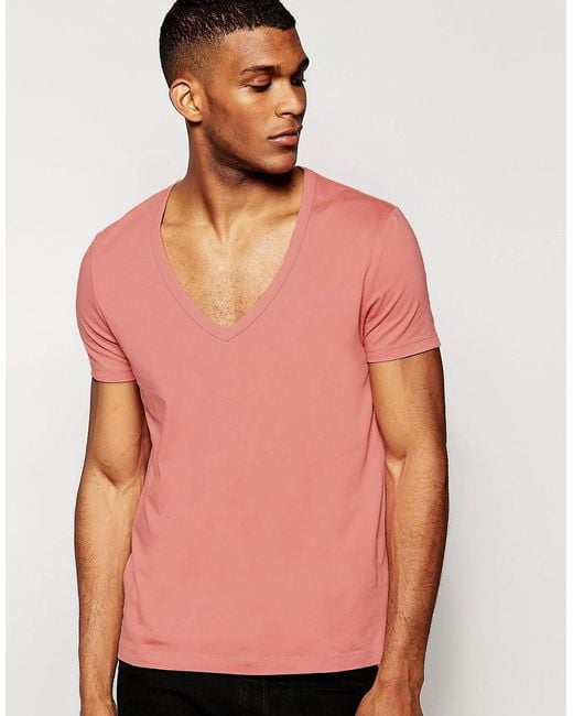 ASOS T-shirt With Deep V Neck in Pink for Men | Lyst