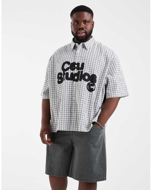 ASOS White Boxy Oversized Check Shirt With Chest Print for men