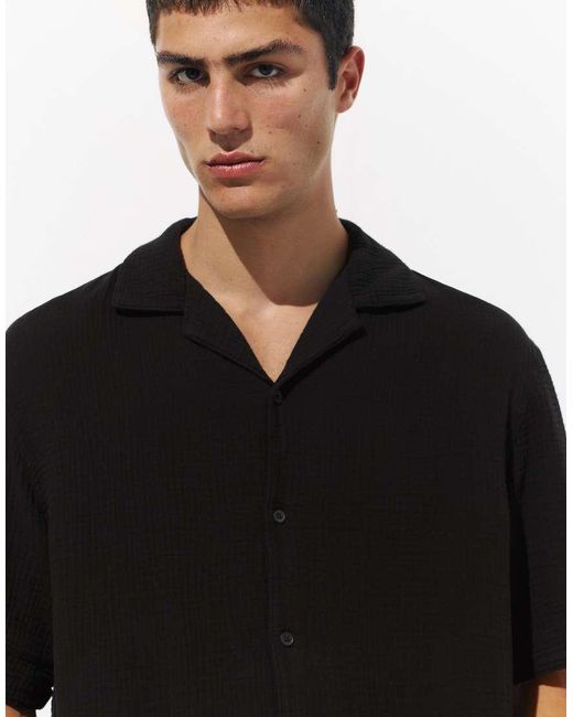 Pull&Bear Black Short Sleeve Crepe Shirt for men