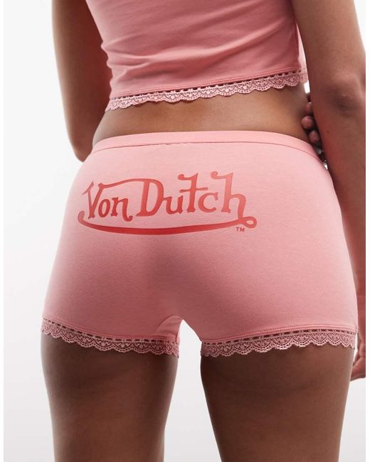 Von Dutch Pink Low Rise Micro Mini Shorts With Lace Edging