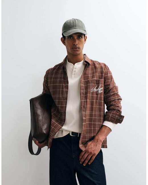 ASOS Brown Regular Fit Check Shirt With Chest Embroidery for men