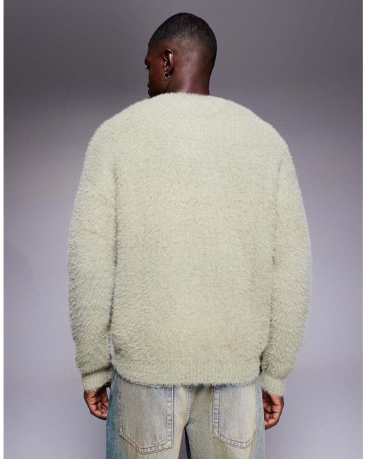 ASOS Ruimvallende, Pluizig Gebreide Trui Met Ronde Hals in het Green voor heren