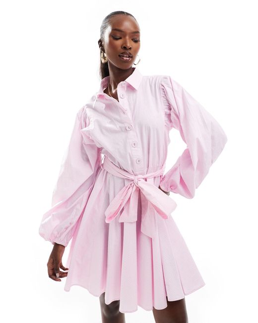 River Island Pink Stripe Belted Shirt Dress
