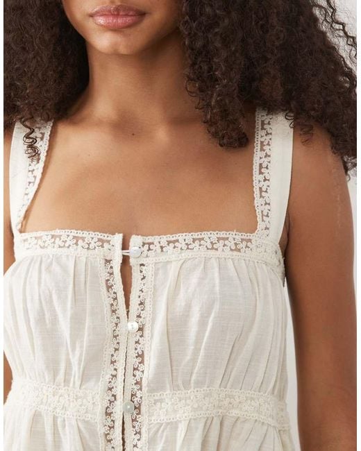 Mango Brown 100% Cotton Button Front Embroidered Cami Top